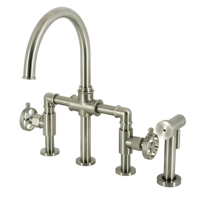 Webb Bridge Kitchen Faucet with Knurled Handle and Brass Side Sprayer – Brushed Nickel