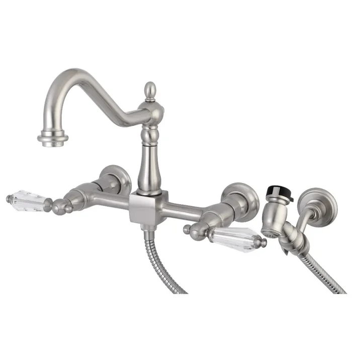 Wilshire Double-Handle Wall-Mount Bridge Kitchen Faucet with Brass Sprayer, Brushed Nickel
