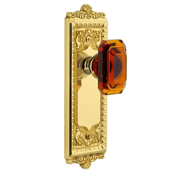 Windsor Long Plate with Baguette Amber Crystal Knob – Polished Brass