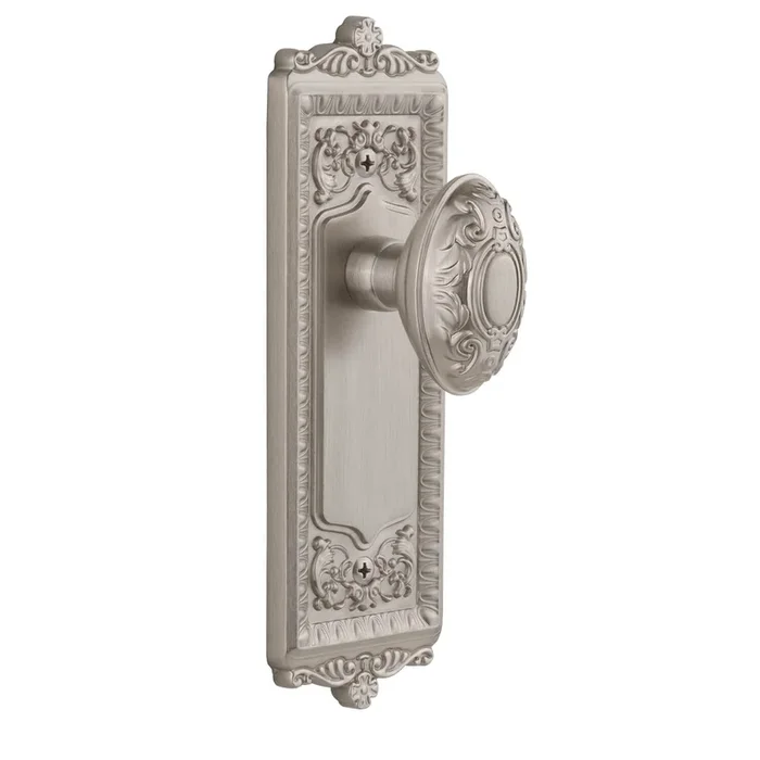 Windsor Long Plate with Grande Victorian Knob in Satin Nickel – Double Dummy by Grandeur
